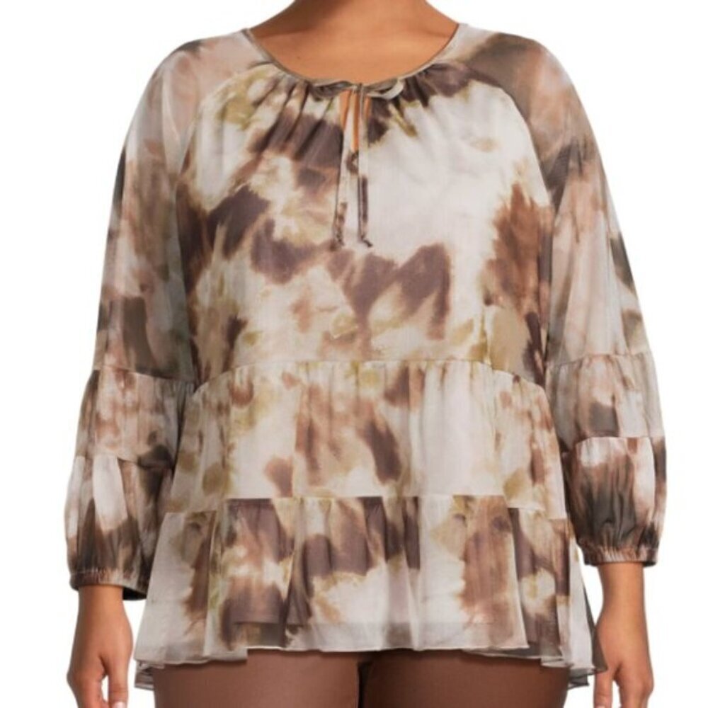 Terra & Sky Women's Plus Size Print Mesh Peasant Long Sleeves Top 2X 20W-22W NWT